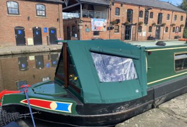 Bespoke Green Narrow Boat Cratch Cover with Windows and Flaps