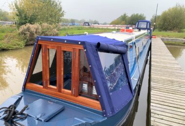 Bespoke Blue Narrow Boat Cratch Cover with Windows and Flaps