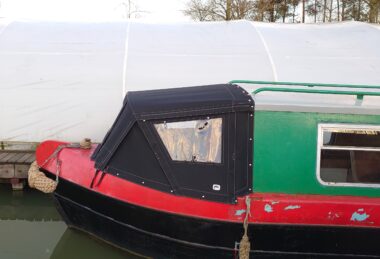 Custom Black Canvasman Narrow Boat Cratch Hood with Windows and White Contrast Stitching