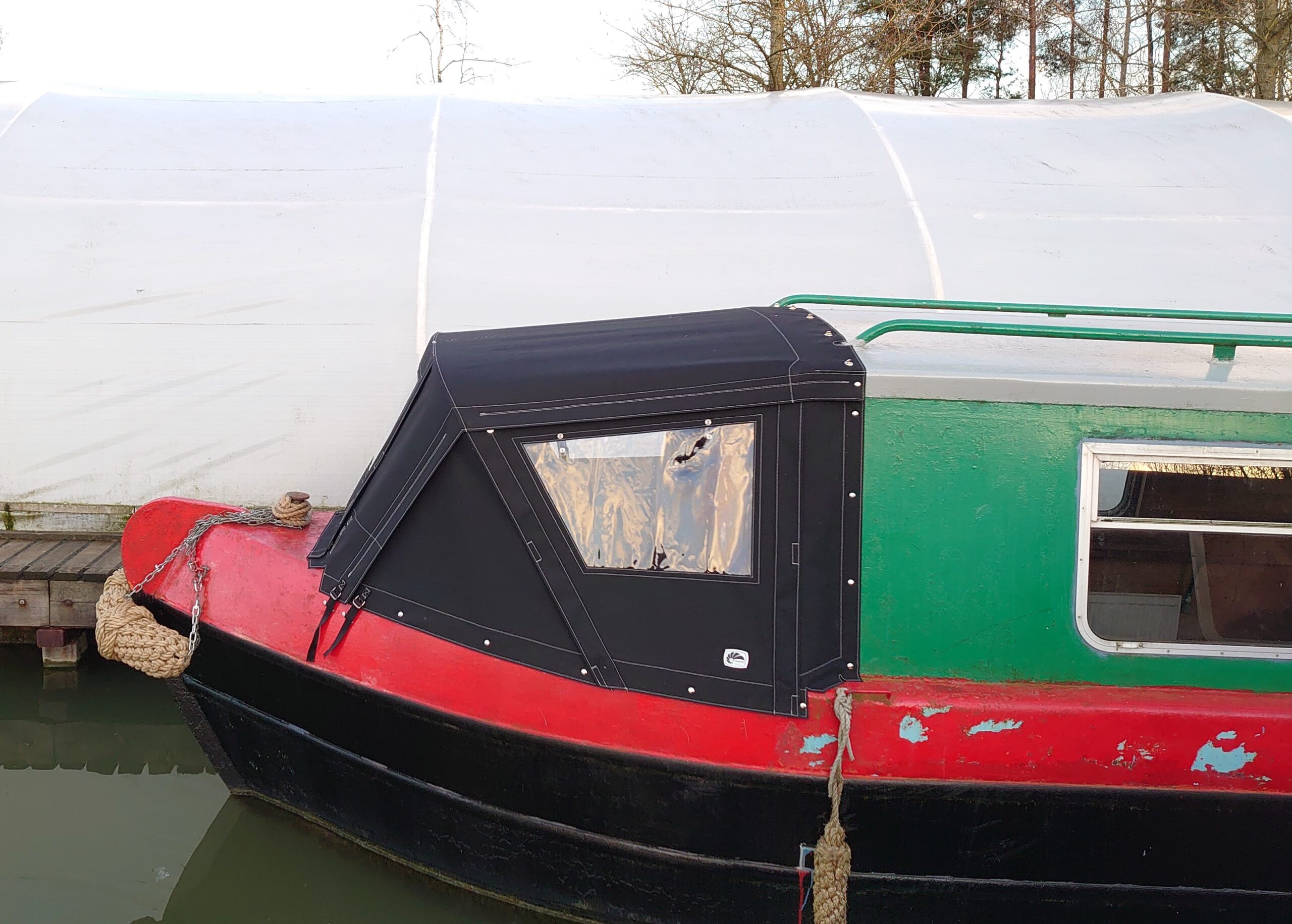Custom Black Narrow Boat Cratch Hood with Windows and White Contrast Stitching