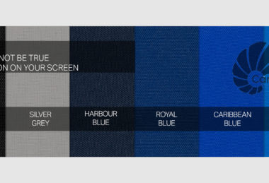 Odyssey Fabrics Swatches in Black, Silvery-Grey, Harbour-Blue, Royal-Blue, Caribbean-Blue And Lakeside-Blue